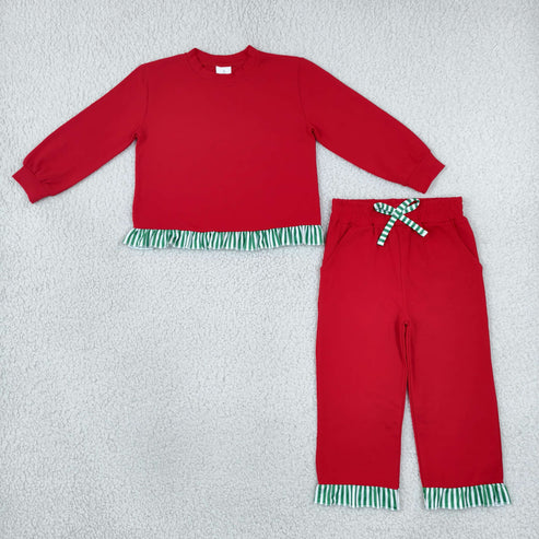 RTS NO MOQ Sibling Cotton Baby Girls christmas Long Sleeve Scallop Tunic Ruffle Pant Set