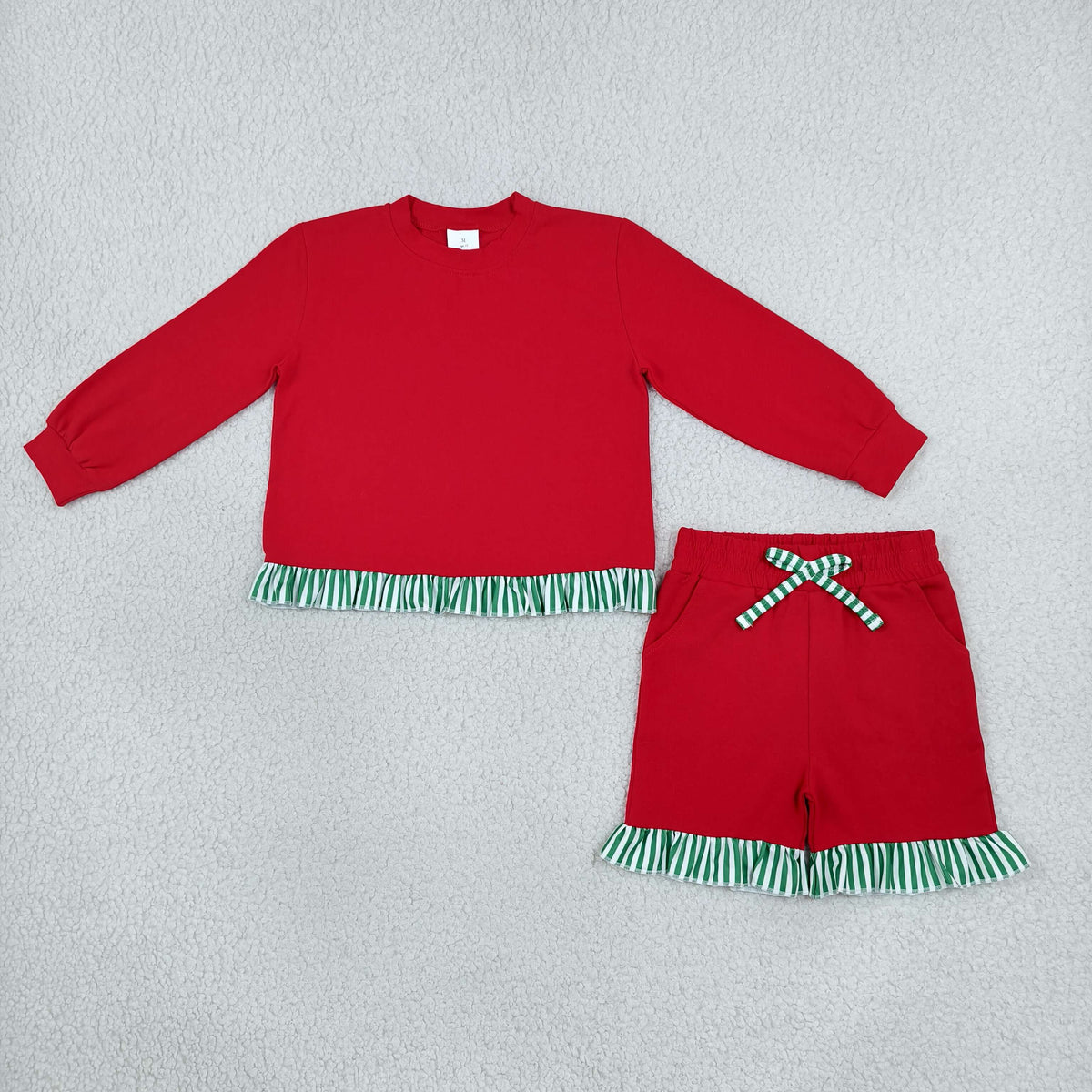 RTS NO MOQ （In stock）cotton GLS0269（GT1935+SS0997）Baby Girls Red Green Stripe Shirts Elastic Waist Pockets Ruffle Short Clothes Set