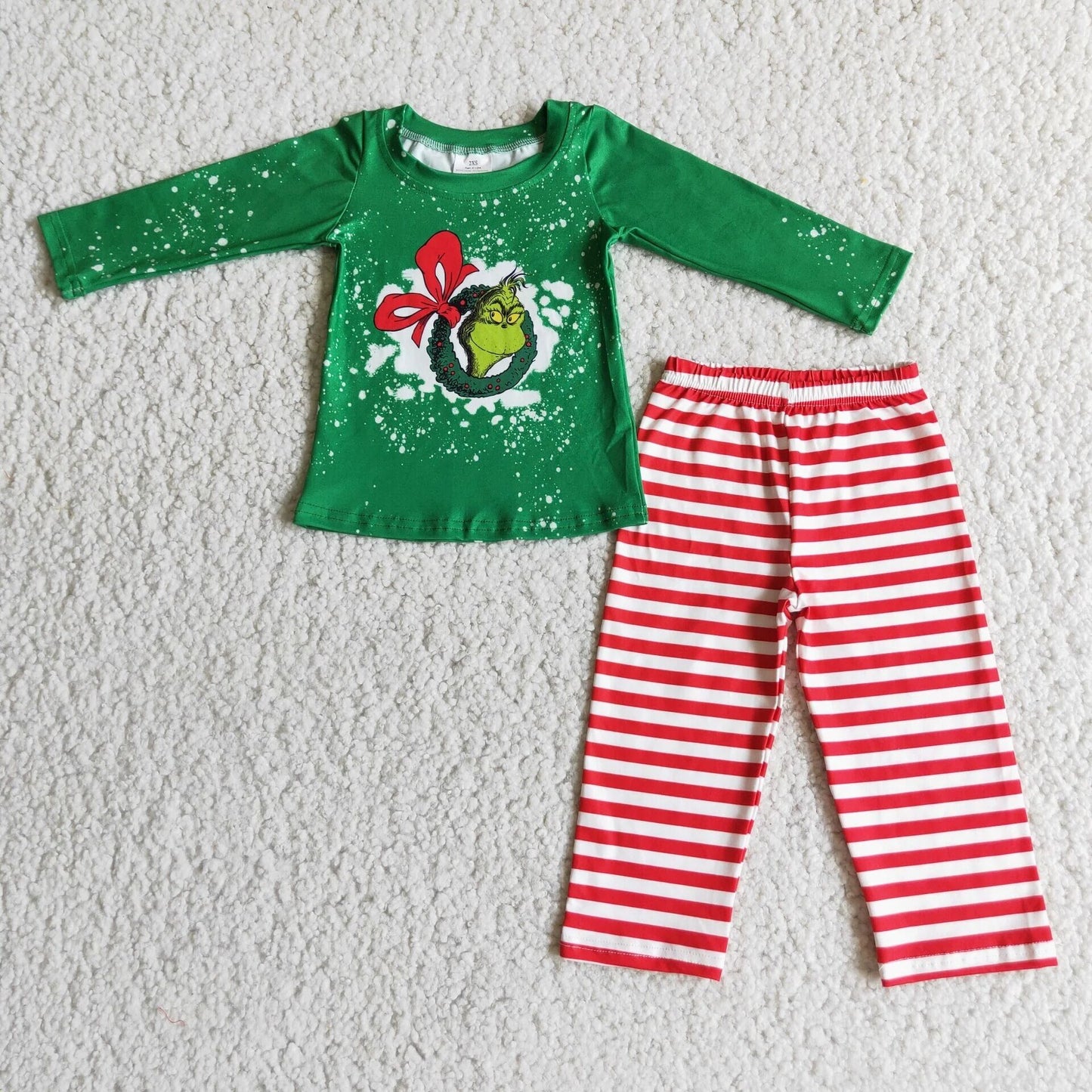 6 A12-4 boy green christmas red stripe long sleeve pajamas outfit set - promotion