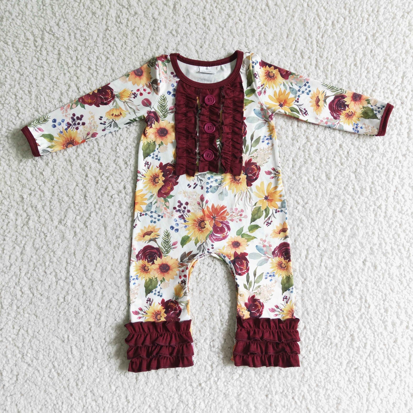 12.13 LR0009 RTS No Moq Promotion Baby girls maroon ruffle floral fall rompers