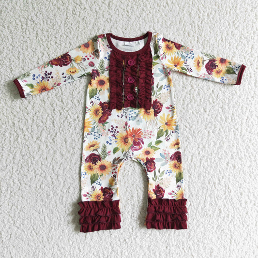 12.13 LR0009 RTS No Moq Promotion Baby girls maroon ruffle floral fall rompers