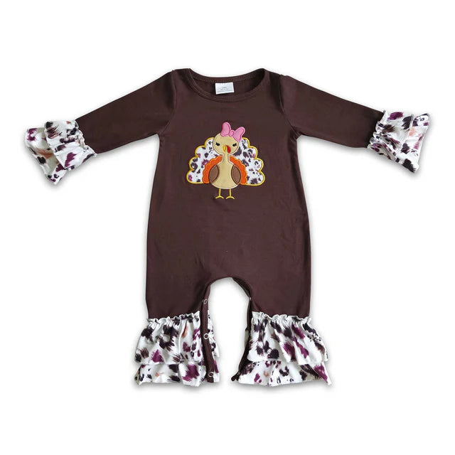RTS Sibling milk silk Baby Girls Thanksgiving Turkey Print Ruffle Trim One Piece Rompers