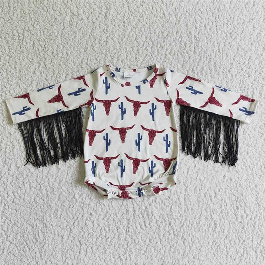 11.29 RTS NO MOQ （In stock）LR0051 Baby Girls Winter Rompers Baby girls cow cactus tassel long sleeve rompers