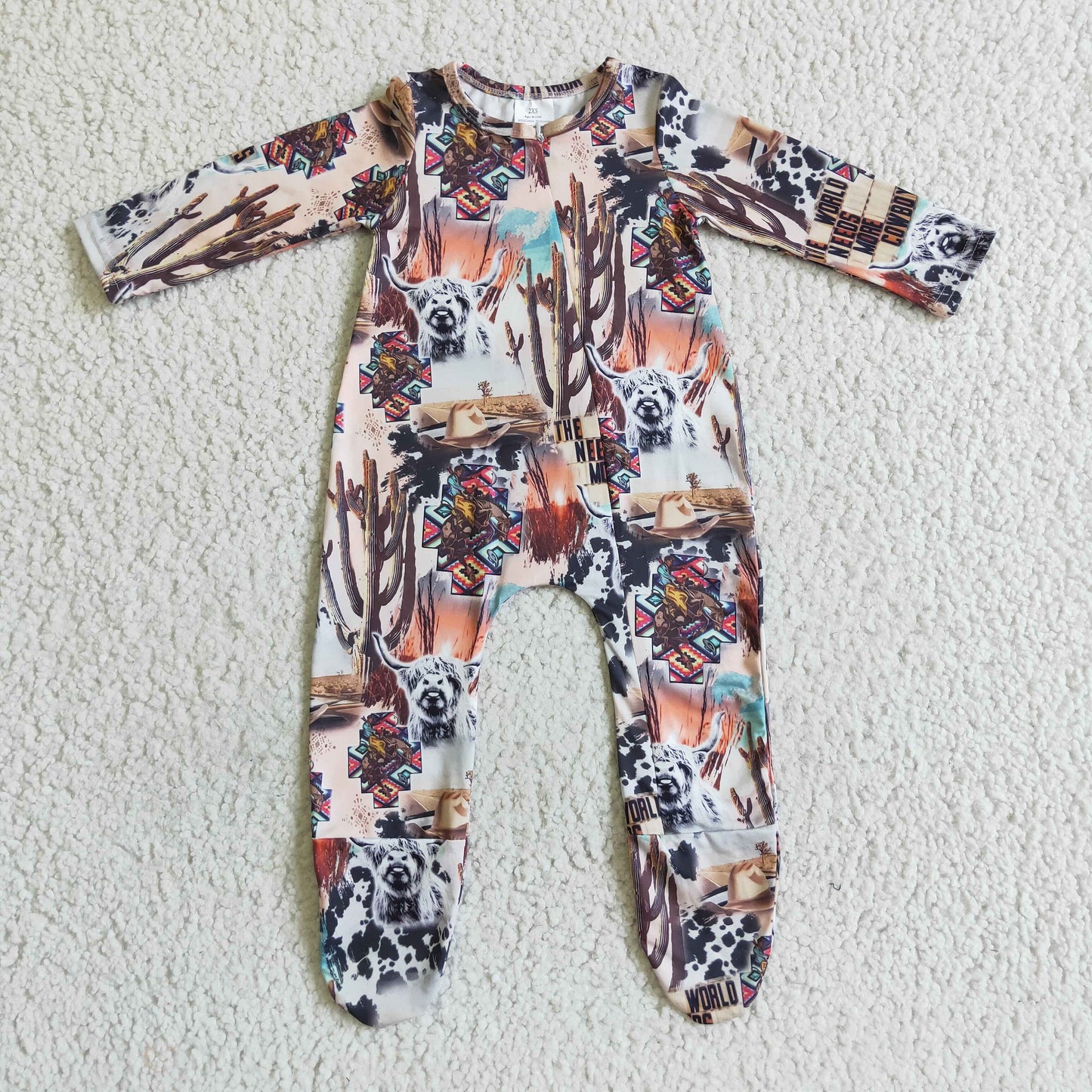 LR0069 Baby kids fall zip cow cactus footie rompers