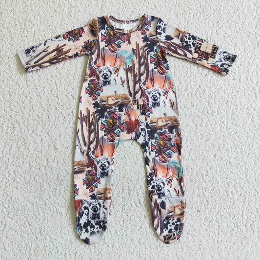 LR0069 Baby kids fall zip cow cactus footie rompers