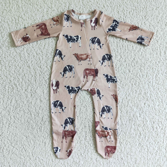 LR0073  Baby kids long sleeve fall cow zip footie western rompers