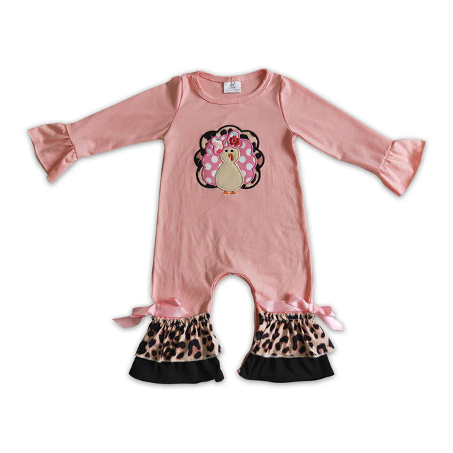 RTS Sibling milk silk Baby Girls Pink Fall Turkey Print Thanksgiving Tunic Top Ruffle Pants Two Piece Clothes Sets Dress Rompers
