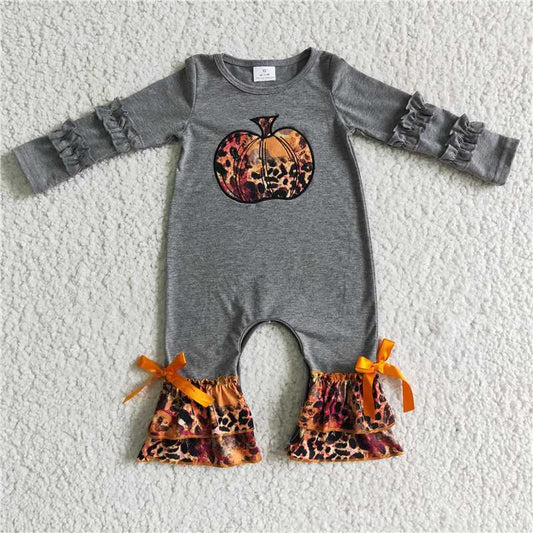 11.26 RTS NO MOQ （In stock）LR0139 Baby Girls Winter Rompers Baby girls grey pumpkin fall ruffle rompers