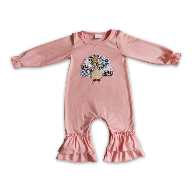 RTS Sibling milk silk Baby Girls Pink Fall Turkey Print Thanksgiving Tunic Top Ruffle Pants Two Piece Clothes Sets Dress Rompers