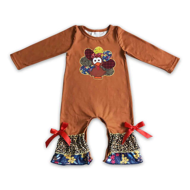 RTS Sibling milk silk Baby Girls Thanksgiving Turkey Print Ruffle Trim One Piece Rompers