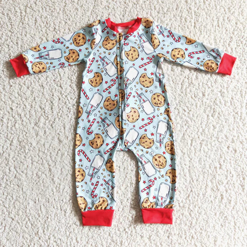 9.16 RTS Sibling Baby Kids Cookie Milk Candy Cane Top Pants Christmas Pajamas Sets Zipper Footie Rompers