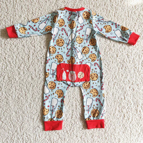 9.16 RTS Sibling Baby Kids Cookie Milk Candy Cane Top Pants Christmas Pajamas Sets Zipper Footie Rompers