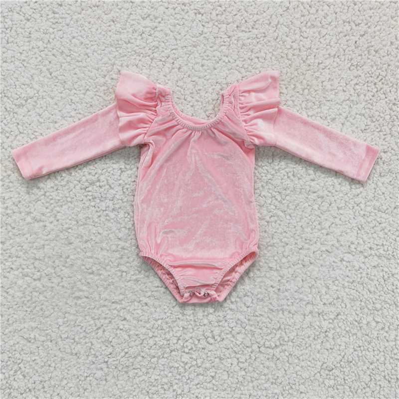 2.10 RTS NO MOQ （In stock）LR0213 Kids Winter Romper Baby girls Pink Velvet Long Sleeve Leotards Rompers
