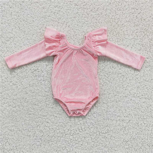 2.10 RTS NO MOQ （In stock）LR0213 Kids Winter Romper Baby girls Pink Velvet Long Sleeve Leotards Rompers