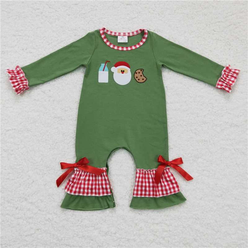 11.25 RTS NO MOQ （In stock）LR0233 Baby Girls Winter Rompers Baby Girls Christmas santa milk cookie rompers