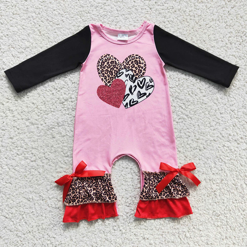 11.29 RTS Sibling Baby Girls Leopard Hearts Tunic Ruffle Pants Valentines Clothes Set Footie Rompers