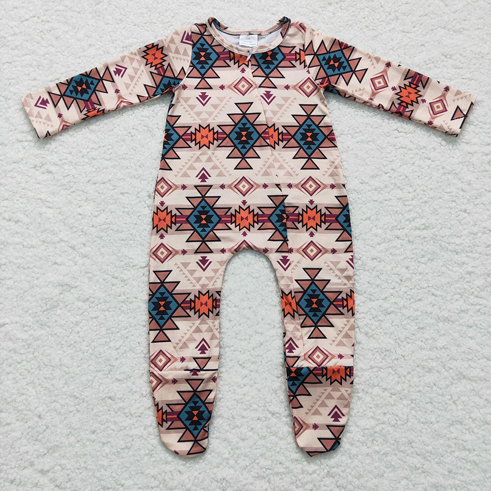 11.26 RTS Sibling Baby Boys Western Aztec Button Shirt Top Two Way Zipper Footed Rompers