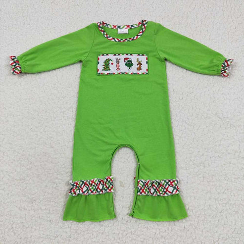 9.19 RTS Sibling Baby Boys Girls Embroidery Green Faces Pants Christmas Clothes Sets Footie Rompers