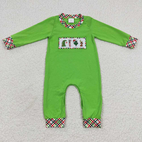 9.19 RTS Sibling Baby Boys Girls Embroidery Green Faces Pants Christmas Clothes Sets Footie Rompers