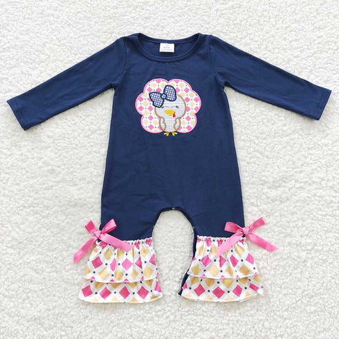 9.19 RTS Sibling Baby Girls Embroidery Turkey Tunic Checked Pants Thanksgiving Clothes Sets Rompers