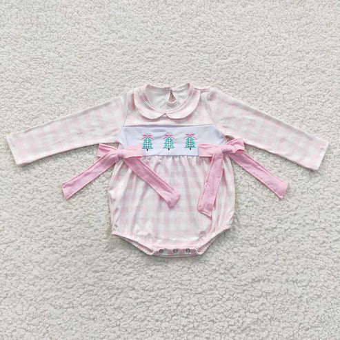 9.19 RTS Sibling Baby Kids Embroidery Trees Checked Top Pants Christmas Clothes Sets Rompers