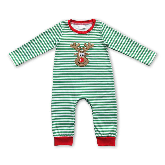 Sibling Baby Kids Christmas Embroidery Deer Stripe Clothes Sets Rompers Dresses