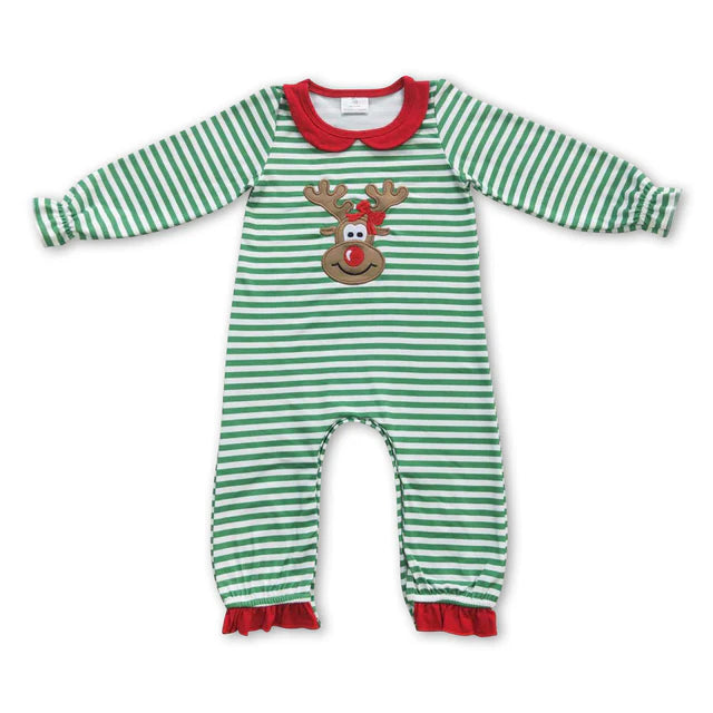 Sibling Baby Kids Christmas Embroidery Deer Stripe Clothes Sets Rompers Dresses