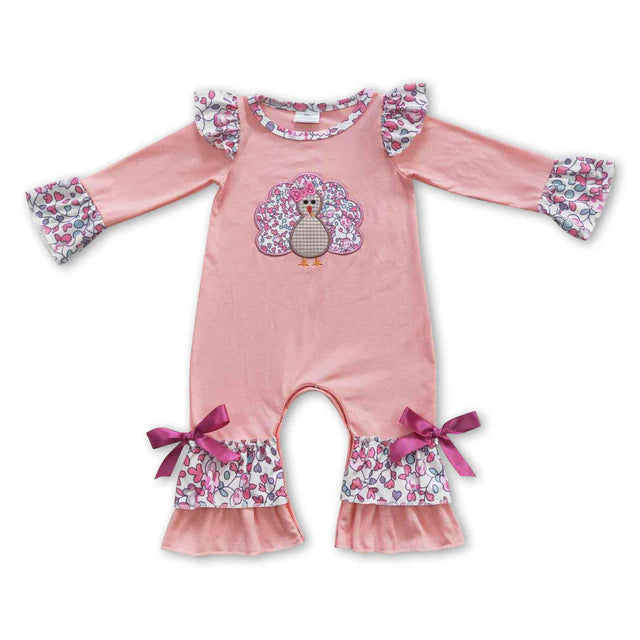 RTS Sibling milk silk Baby Girls Thanksgiving Turkey Print Ruffle Trim One Piece Rompers