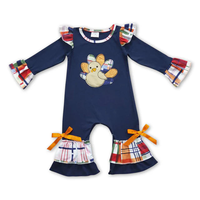 RTS Sibling milk silk Baby Girls Thanksgiving Turkey Print Ruffle Trim One Piece Rompers