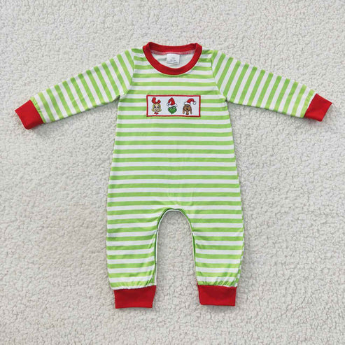 9.19 RTS Sibling Baby Boys Girls Embroidery Green Faces Pants Christmas Clothes Sets Footie Rompers
