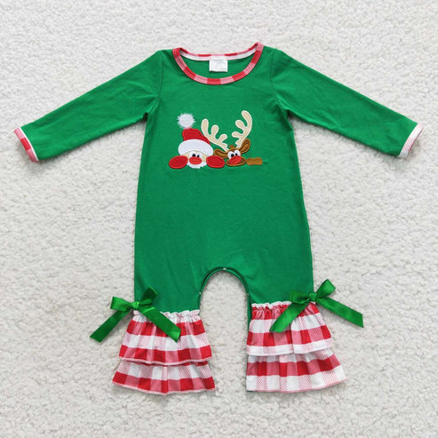 9.19 RTS Sibling Baby Kids Embroidery Santa Deer Green Sleeves Christmas Clothes Sets Footie Rompers