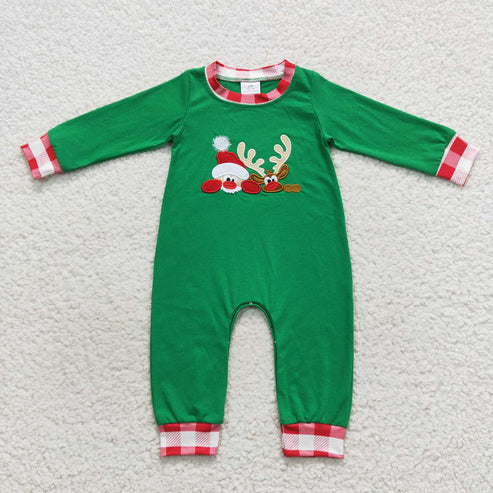 9.19 RTS Sibling Baby Kids Embroidery Santa Deer Green Sleeves Christmas Clothes Sets Footie Rompers