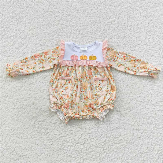 USA Warehouse (IN STOCK) LR0450 Floral Pumpkin Baby Girls Romper Long Sleeves Fall Season Infant Outfit Comfortable Clothing for Little Girls