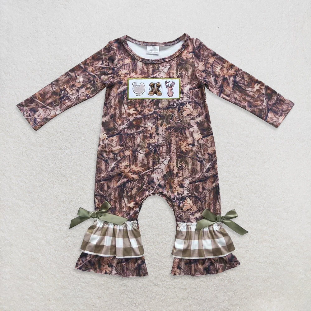 USA Warehouse (IN STOCK) Long Sleeves Camouflage Deer Ruffle Romper for Baby Girls And Boys Cute Wild Animal Print Outfit with Pockets