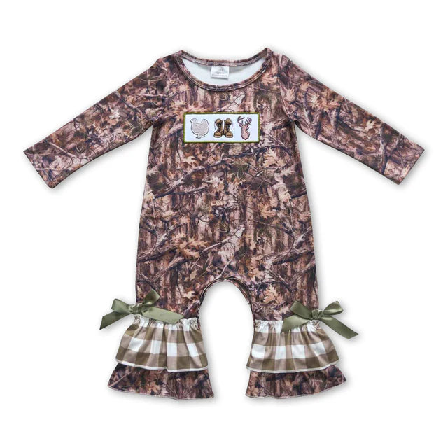 RTS Sibling milk silk Baby Girls Thanksgiving Turkey Print Ruffle Trim One Piece Rompers