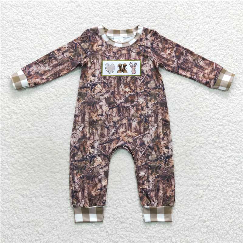 USA Warehouse (IN STOCK) Long Sleeves Camouflage Deer Ruffle Romper for Baby Girls And Boys Cute Wild Animal Print Outfit with Pockets
