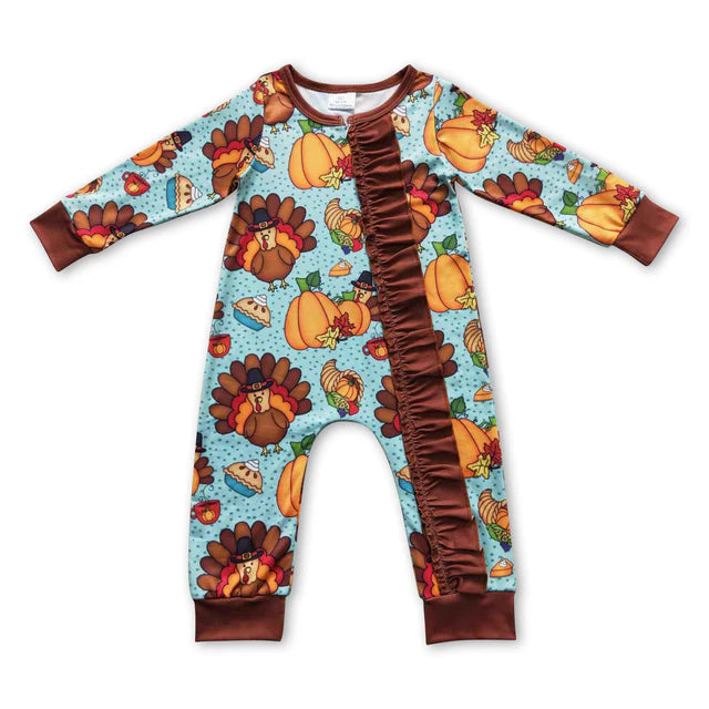 RTS Sibling Sibling milk silk Baby Cute Autumn Turkey Zipper Long Sleeve Rompers