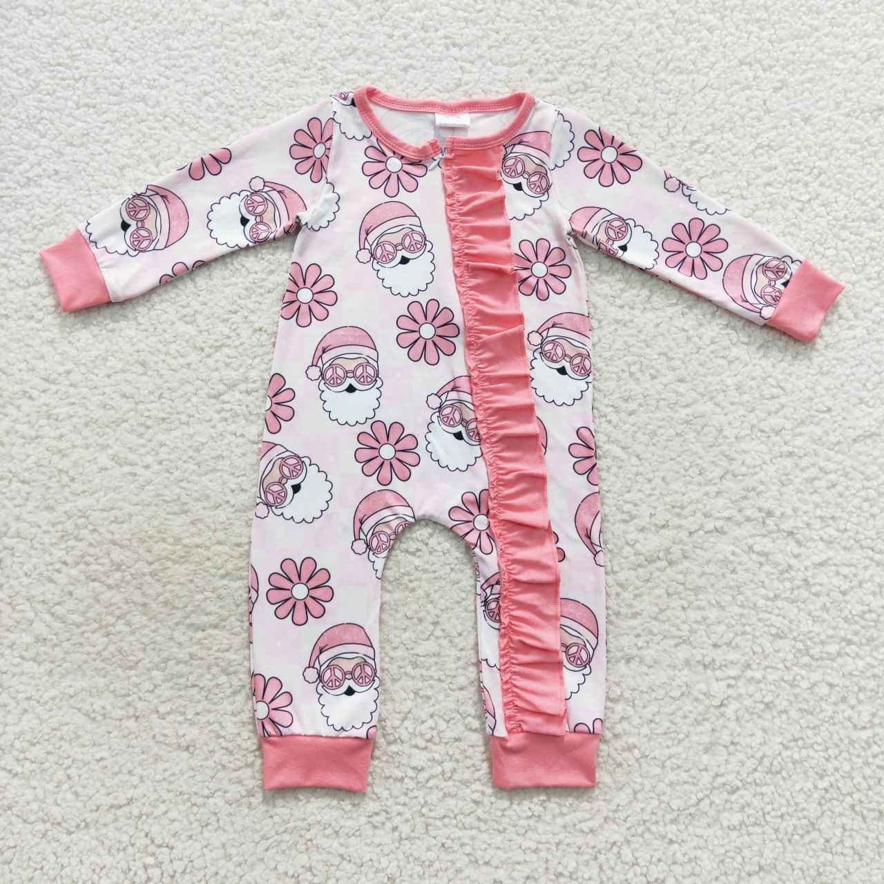 9.18 RTS Sibling Baby Girls Pink Santa Flowers Top Pants Christmas Pajamas Sets Ruffle Zipper Rompers