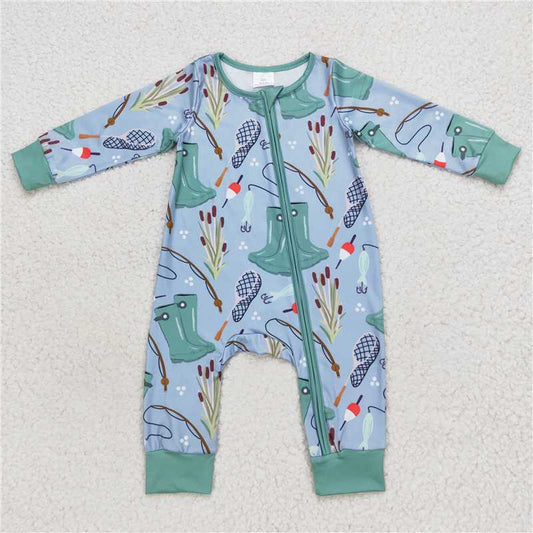 USA Warehouse (IN STOCK) LR0664 Long Sleeves Baby Boy Zipper Romper Fishing Theme Outfit for Infants