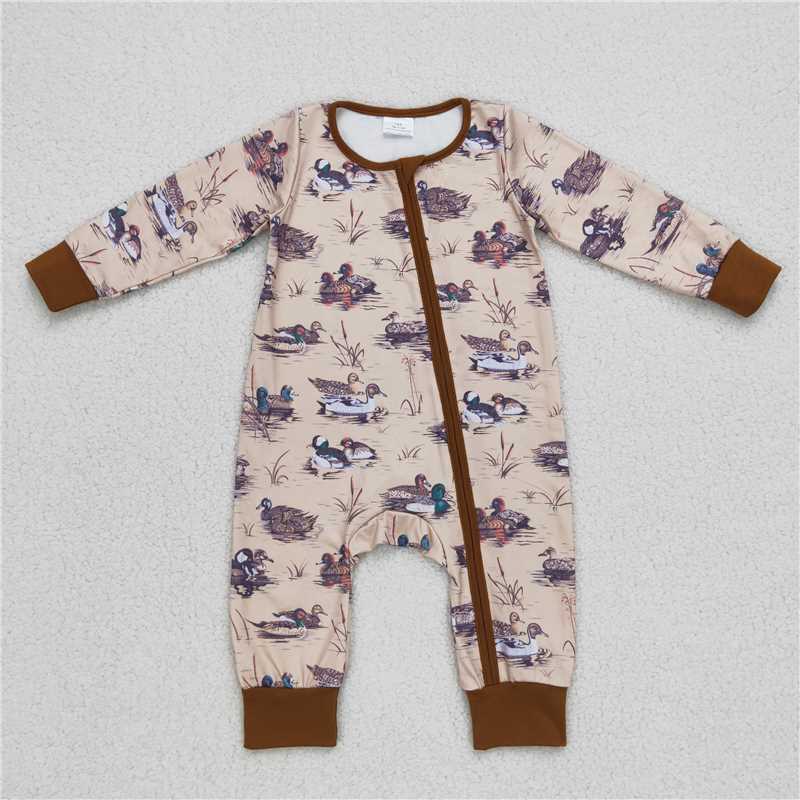 11.27 RTS NO MOQ （In stock）LR0667 Baby Boys Winter Rompers Baby Boys Fall Grey Duck Long Sleeve Zip Rompers