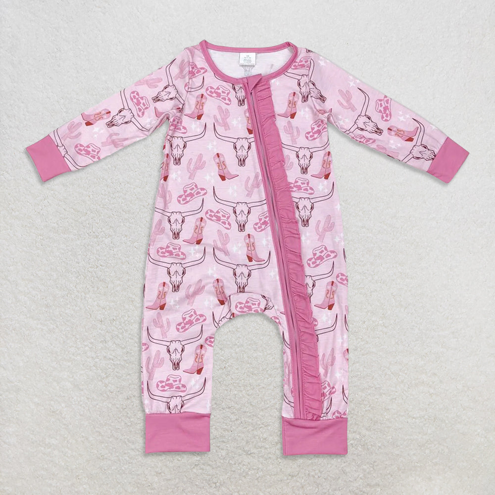 USA Warehouse (IN STOCK) Baby Girls Pink Long Sleeves Bow Zipper Romper with Pink Boots Cactus Bull Skull Design for Infants