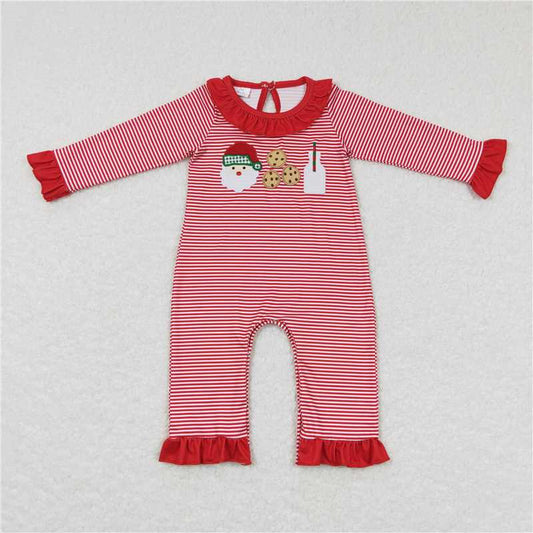 USA Warehouse (IN STOCK) LR0708 Baby Girls Santa Cookie Milk Stripe Long Sleeve Christmas Romper Holiday Outfit for Infants