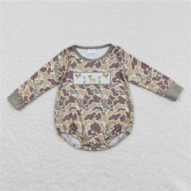 11.27 RTS NO MOQ （In stock）LR0714 Baby Boys Winter Rompers Baby Infant Boys Hunting Duck Dog Camo Long Sleeve Rompers