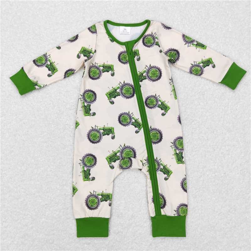USA Warehouse (IN STOCK) LR0717 Green Tractor Baby Boy Farm Zipper Romper - Cute Baby Outfit for Boys