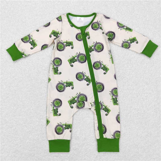 USA Warehouse (IN STOCK) LR0717 Green Tractor Baby Boy Farm Zipper Romper - Cute Baby Outfit for Boys