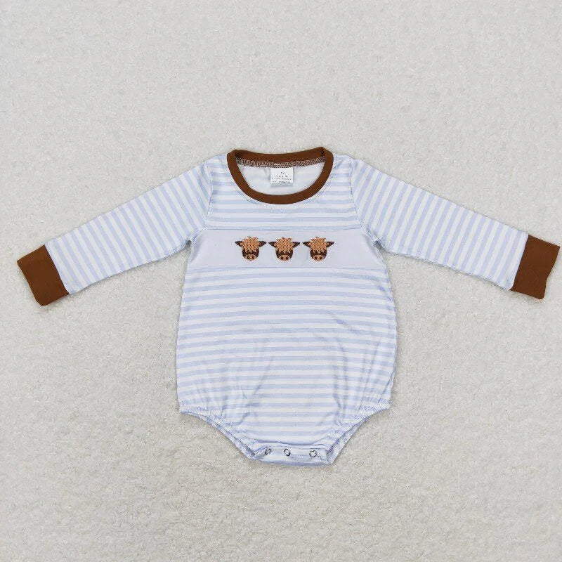 11.19 RTS Sibling Baby Boys Stripe Embroidery Highland Cows Pants Western Clothes Sets Rompers