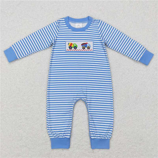 USA Warehouse (IN STOCK) LR0750 Baby Boy Stripe Long Sleeve Romper Construction Theme Outfit for Infants Comfortable Cotton Clothing