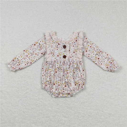 USA Warehouse (IN STOCK) LR0769 Floral Ruffle Long Sleeve Baby Girls Romper Cute Infant Girl Outfit Soft Cotton Clothing for Baby