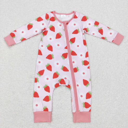 9.17 RTS Sibling Baby Girls Pink Flowers Strawberry Pajamas Sets Zipper Footie Rompers