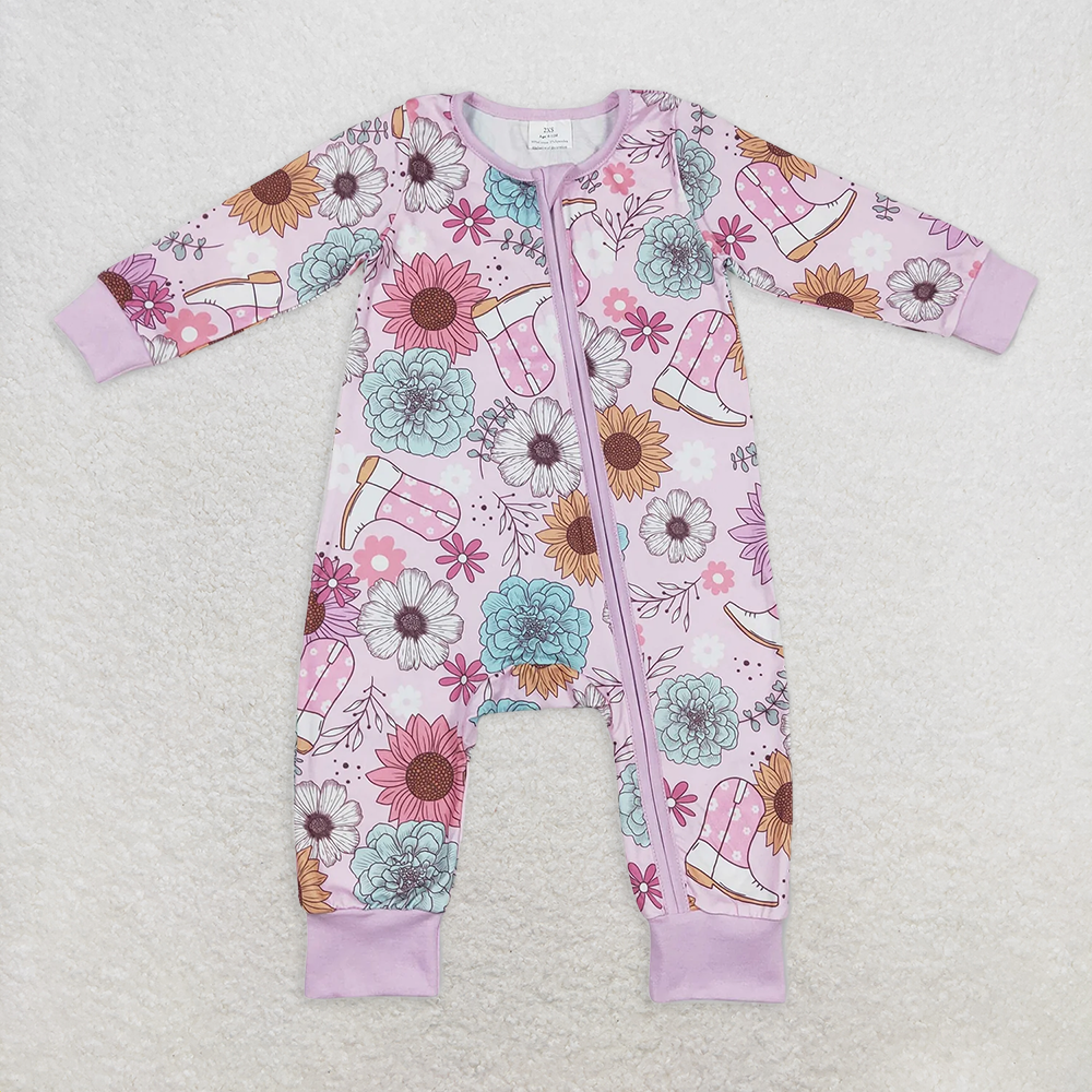 5.17   LR0801 RTS NO MOQ Baby Girls Winter Rompers Pink flower boots western baby girls zipper romper